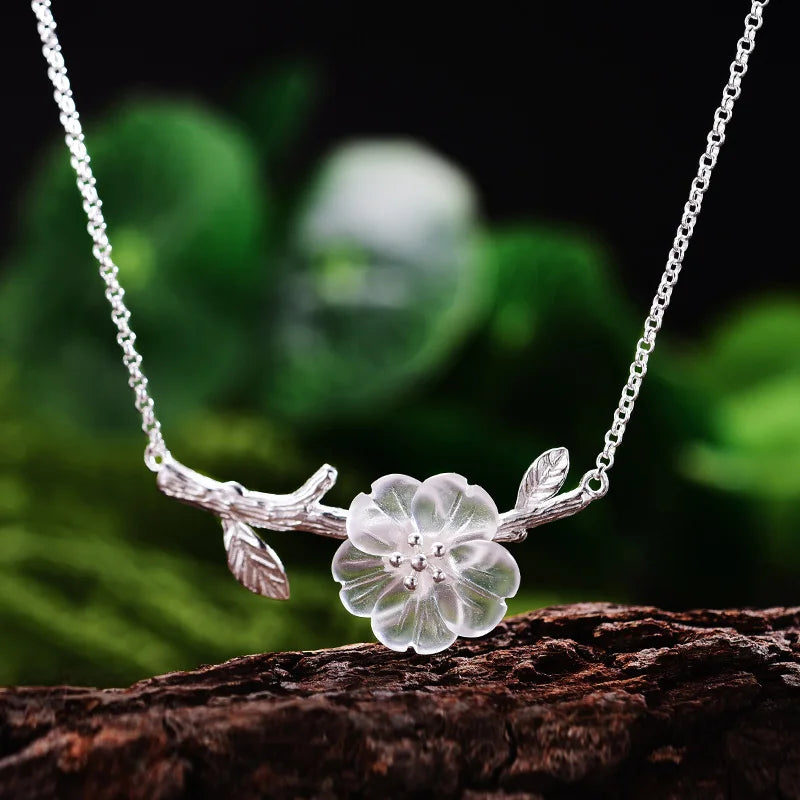Silver Sakura Flower Branch Necklace | Adjustable 43+5 cm Chain | White &Pink jewelry