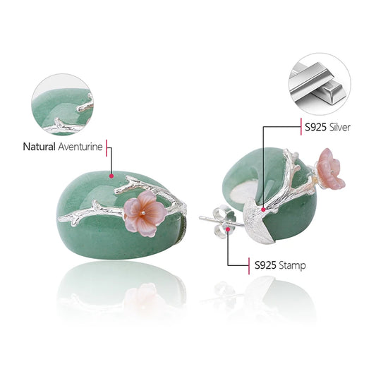 Handmade Green Aventurine Earrings – with 18K Gold-Plated 925 Silver & Pink Plum Blossom