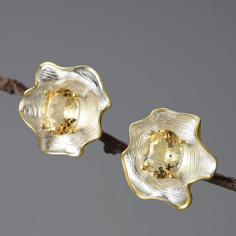 Natural Topaz Gemstone Curled Leaf Stud Earrings