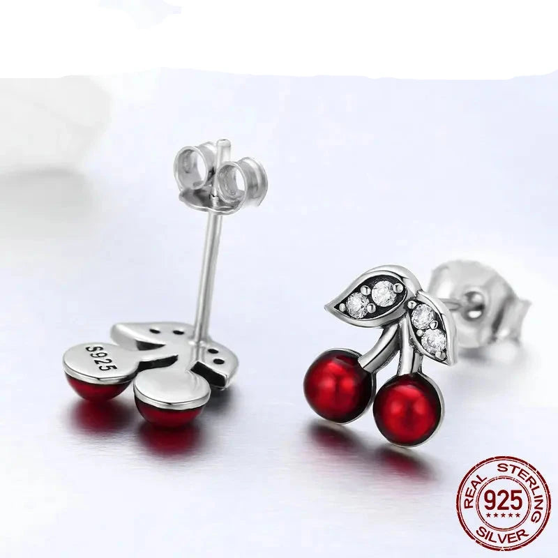 Cherry Red Enamel & CZ Stud Earrings