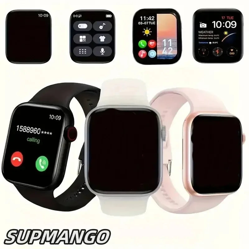 Collage of smart watches showing various features and colors, with the brand name 'SUPMANGO' visible.
