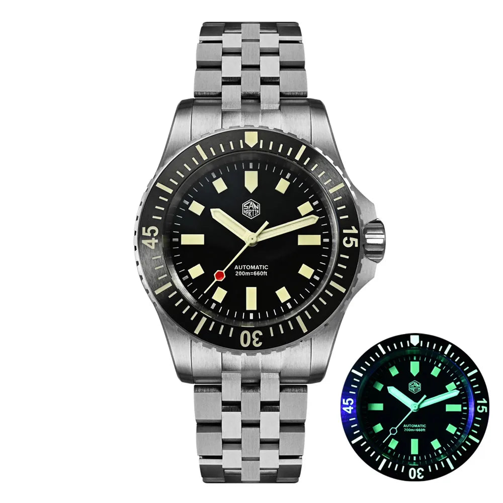 San Martin SN0012 men's automatic watch with black dial, stainless steel bracelet, full luminous markers, and 20Bar water resistance."