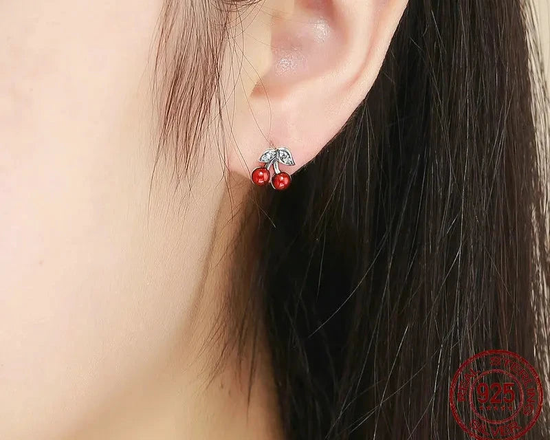 Cherry Red Enamel & CZ Stud Earrings