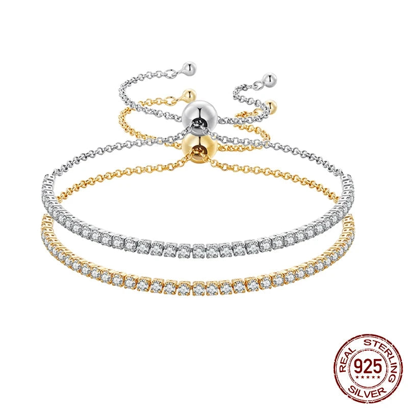 A series of sterling silver bracelets with a geometric pattern, featuring a chain and link design, and adorned with zircon stones.