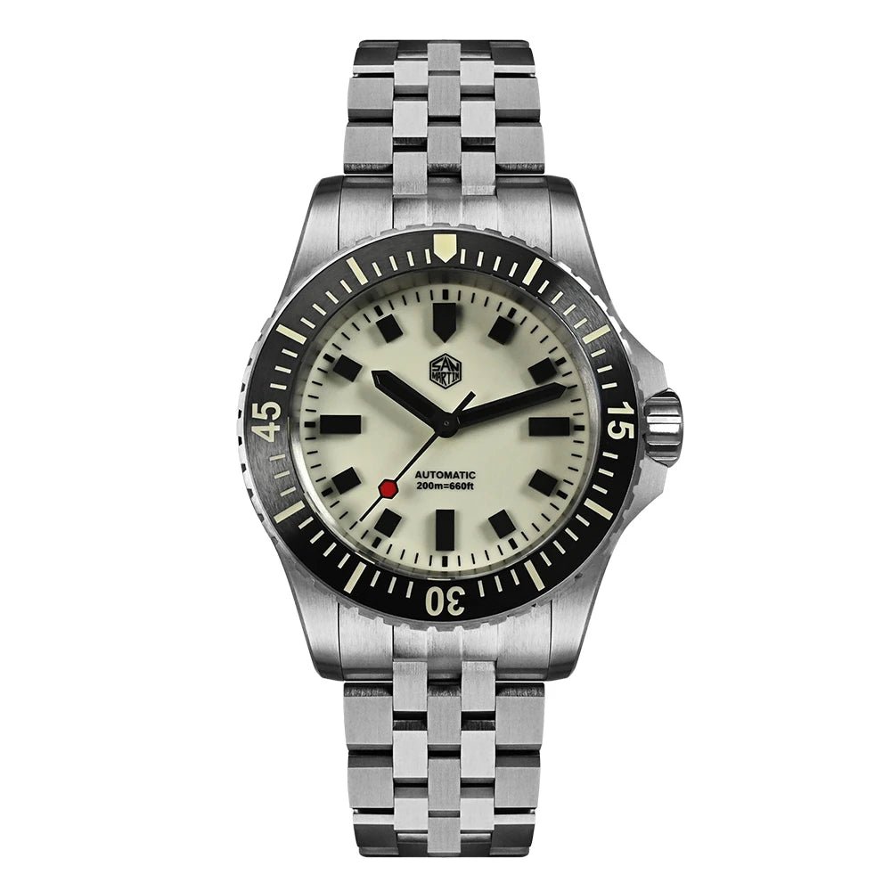 San Martin SN0012 men's automatic watch with white dial, stainless steel bracelet, full luminous markers, and 20Bar water resistance.