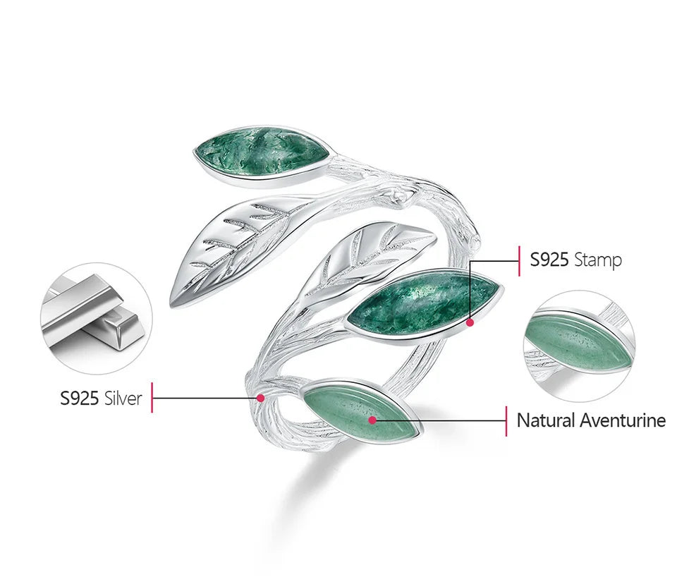 Sterling Silver Leaf Ring with Vibrant Green Gemstones