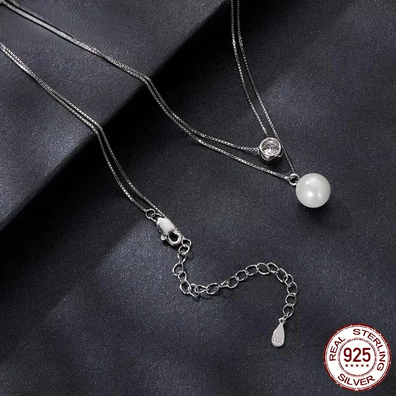 Double Layer Necklace, White Gold Plated - 925 Silver Pearl-Jewelry