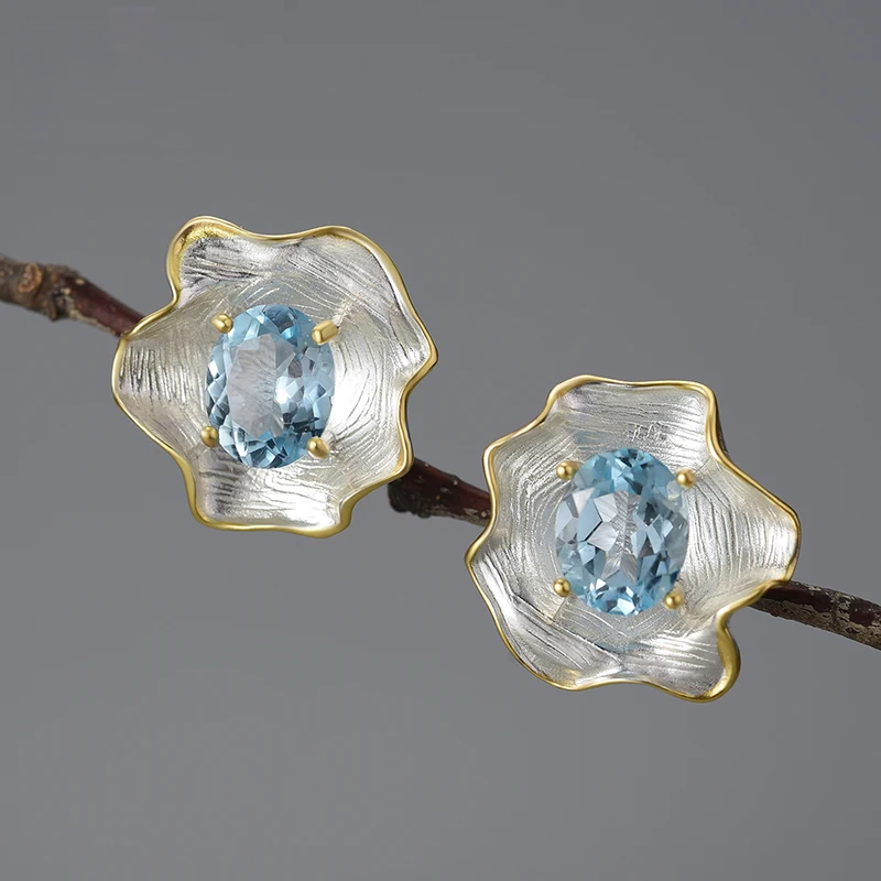 Natural Topaz Gemstone Curled Leaf Stud Earrings