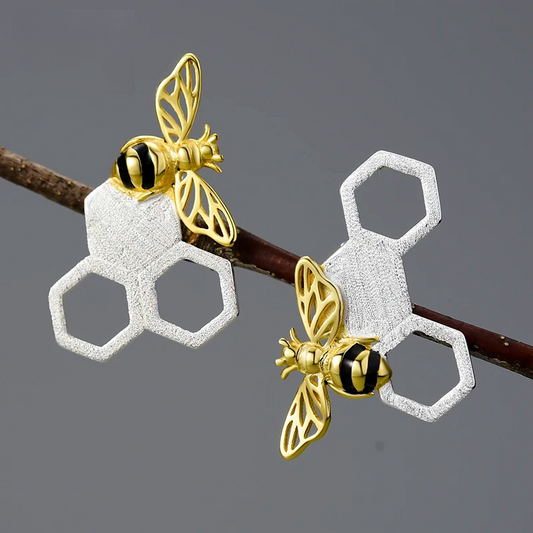 Honeycomb and Bee Stud Earrings