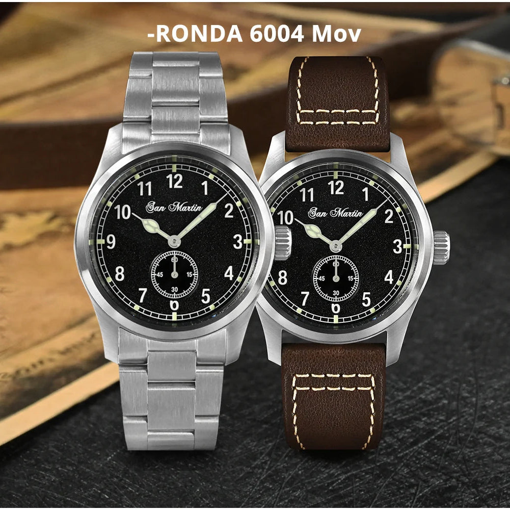 San Martin SN0034 37mm pilot field watch with black dial, Arabic numerals, luminous hands, RONDA 715/6004 quartz movement, stainless steel case, and 10 Bar water resistance.