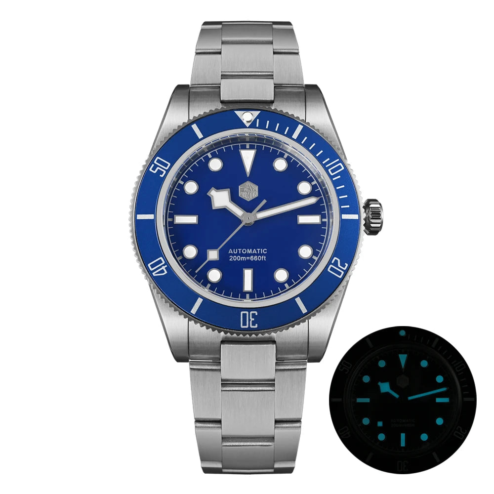 San Martin SN0008 40mm BB58 retro diver watch with NH35 automatic movement, sapphire crystal, luminous markers, stainless steel case, and 20Bar water resistance