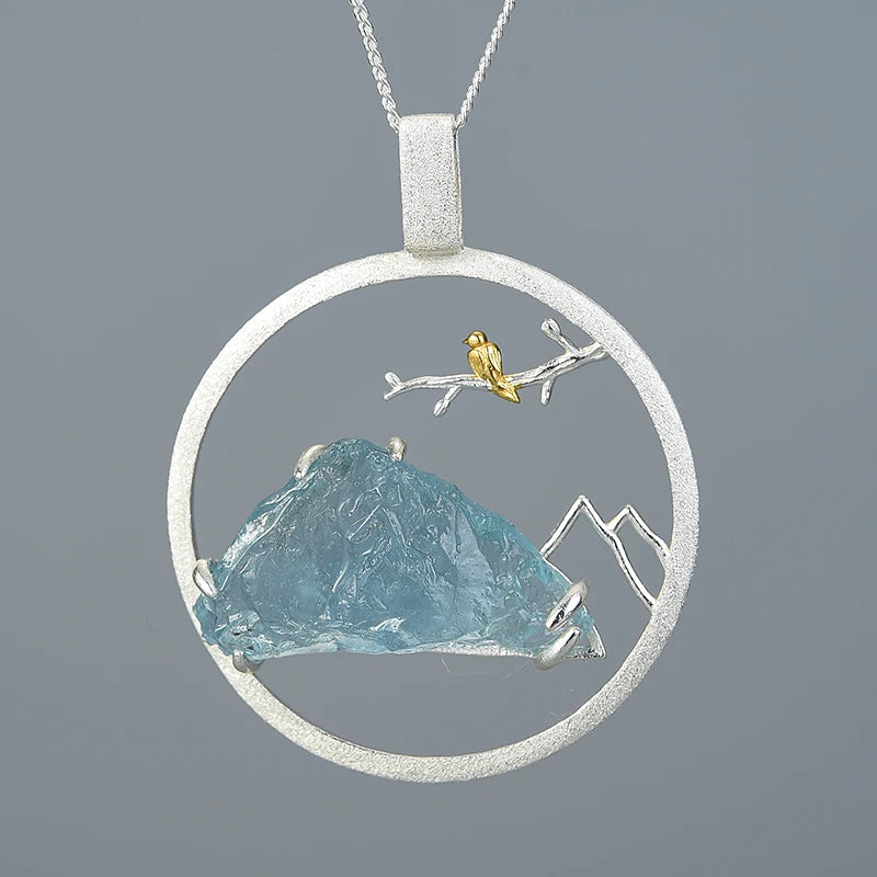 Natural Raw Stone Bird Whisper Pendant / Real 925 Sterling Silver