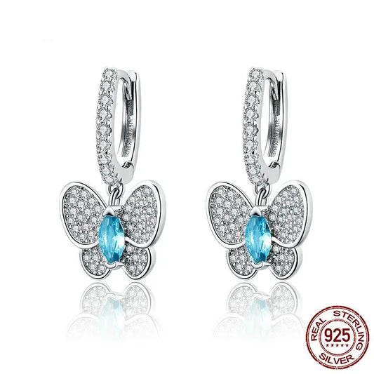 925 Sterling Silver Luminous Clear CZ Butterfly Crystal Drop Earrings