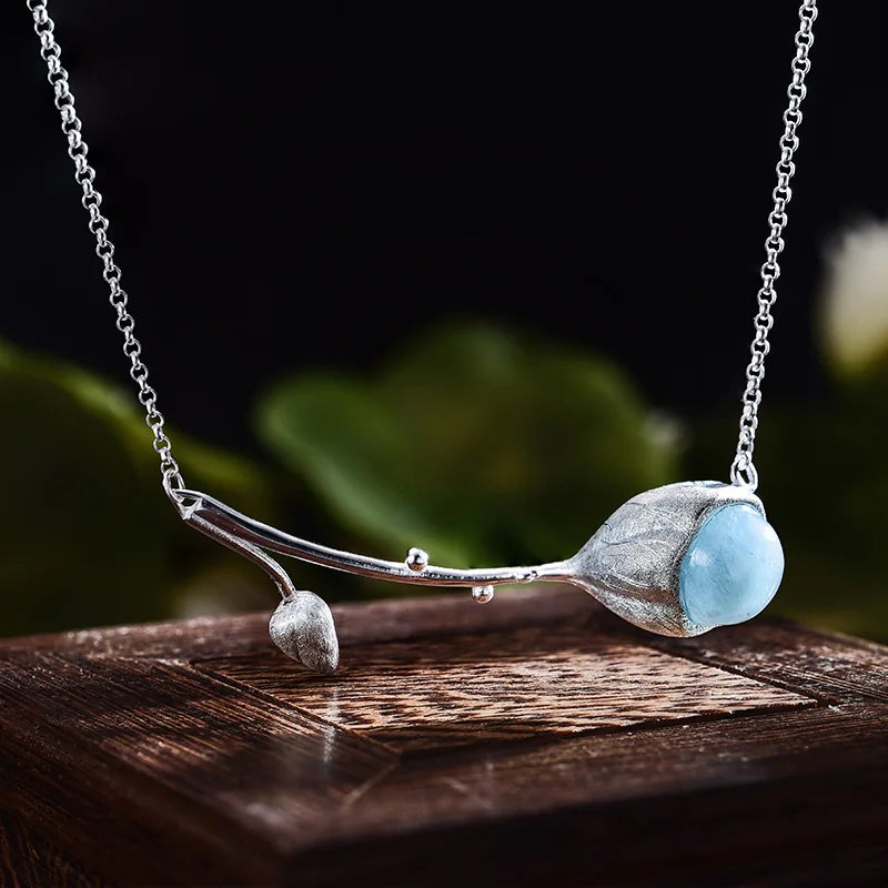 925 Sterling Silver Aquamarine Branch Jewelry Necklace | Natural Blue Gemstone Pendant