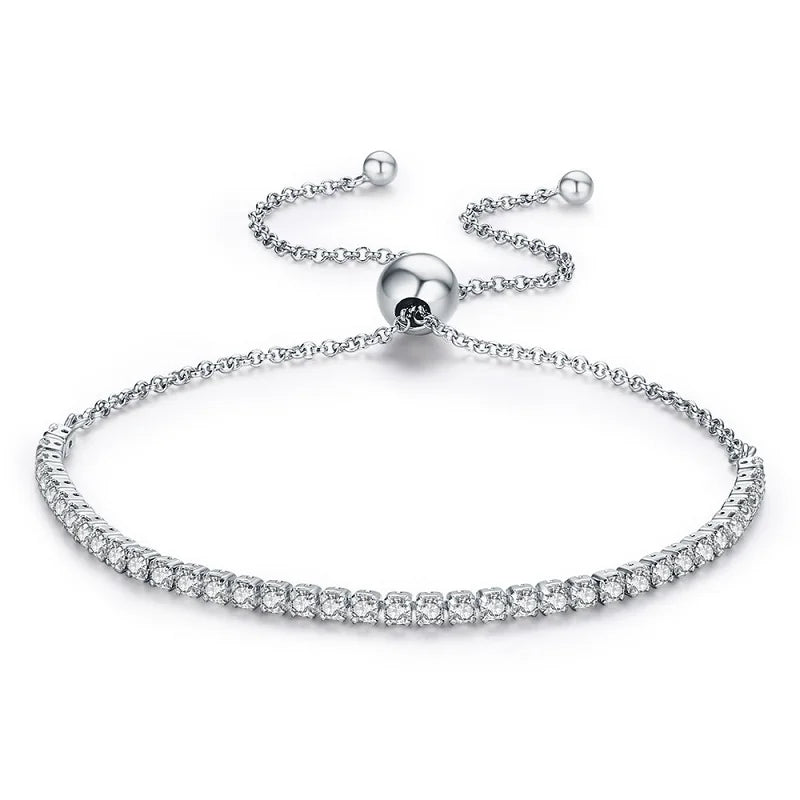 925 sterling silver CZ jewelry bracelet featuring a row of sparkling cubic zirconia stones and an adjustable slider chain in a classic tennis bracelet design.