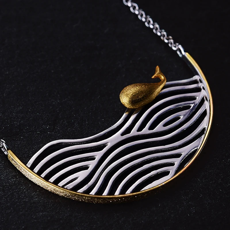 Jewelry handmade 925 sterling silver whale necklace with gold plating and ocean wave design