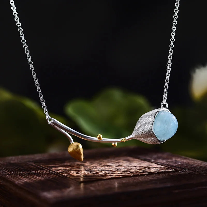 925 Sterling Silver Aquamarine Branch Jewelry Necklace | Natural Blue Gemstone Pendant