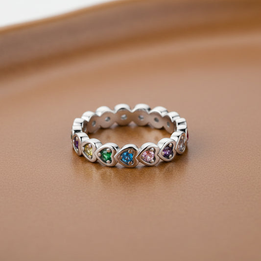 925 Sterling Silver Multicolor Heart Gemstone Ring – Cute Fine Jewelry for Women