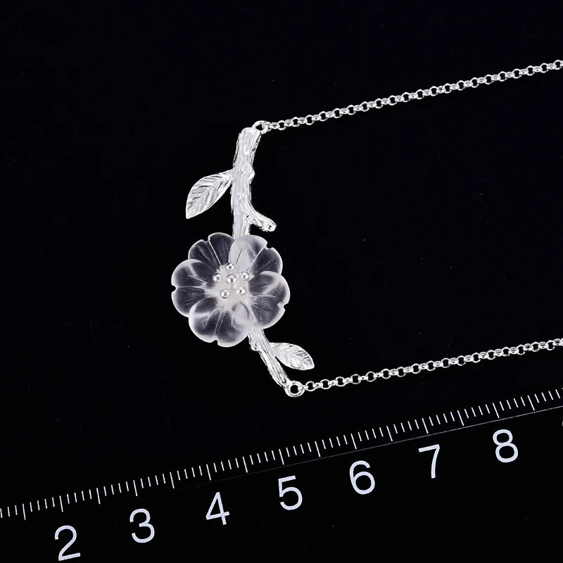 Silver Sakura Flower Branch Necklace | Adjustable 43+5 cm Chain | White &Pink jewelry