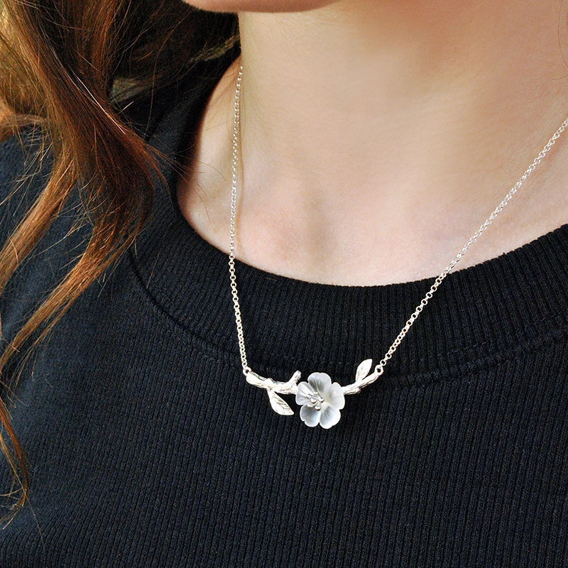 Silver Sakura Flower Branch Necklace | Adjustable 43+5 cm Chain | White &Pink jewelry