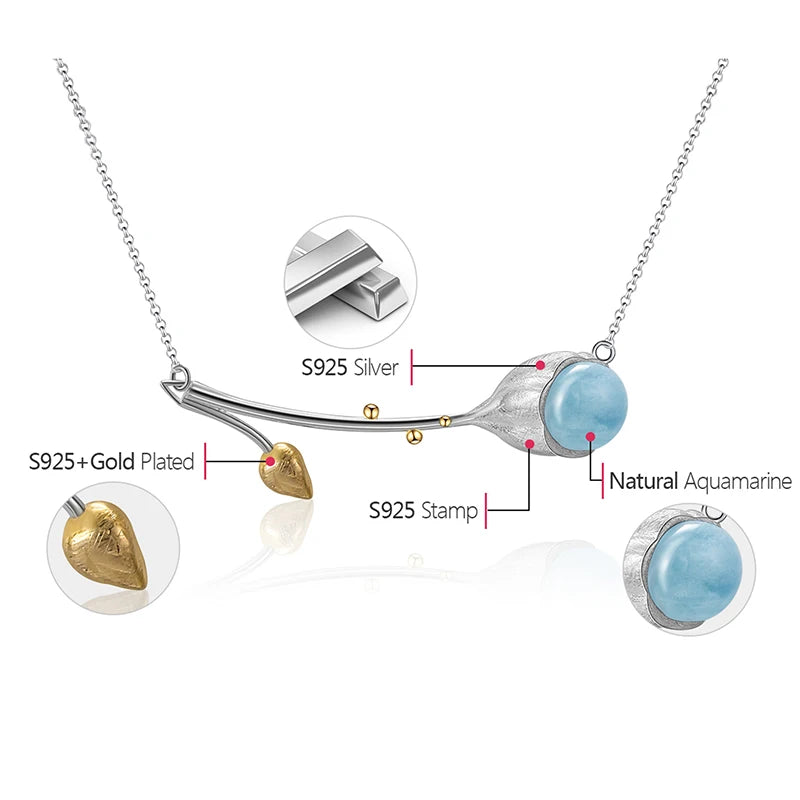 925 Sterling Silver Aquamarine Branch Jewelry Necklace | Natural Blue Gemstone Pendant