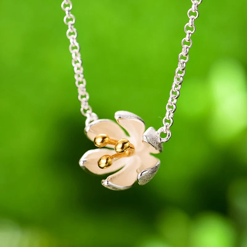 Handmade Gold Plated Silver Sakura Flower Necklace | Elegant Floral Pendant in Gold & Silver Designer Original Fine Jewelry