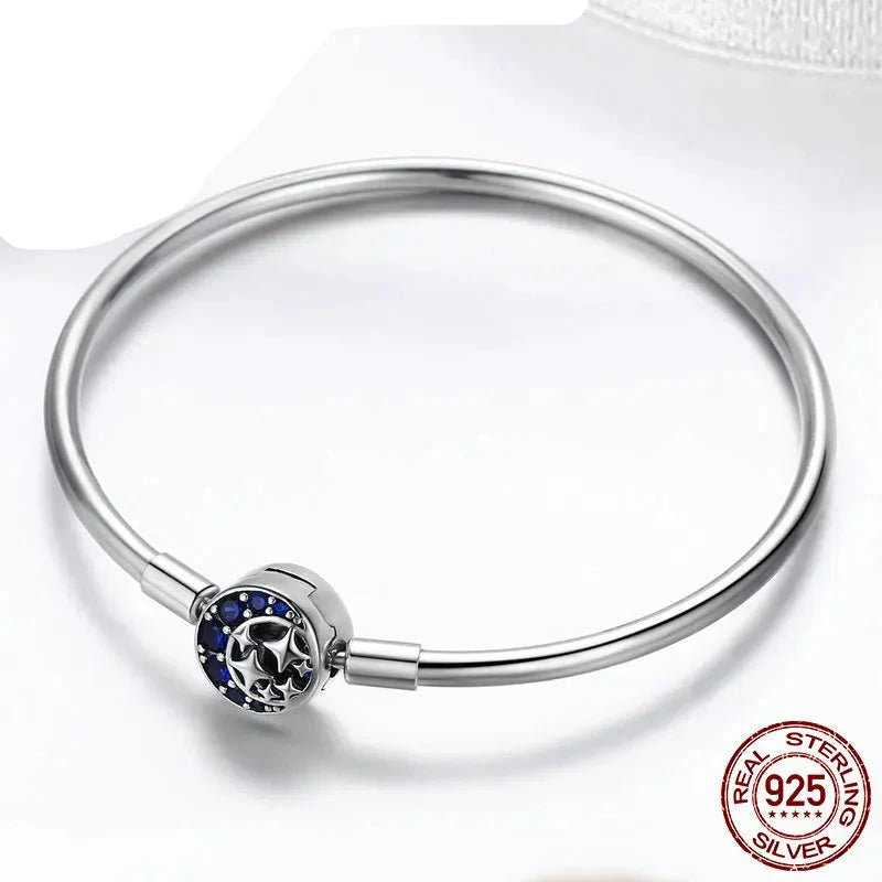 100% 925 Sterling Silver Blue CZ Moon and Star Bracelet