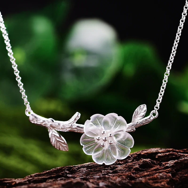Silver Sakura Flower Branch Necklace | Adjustable 43+5 cm Chain | White &Pink jewelry