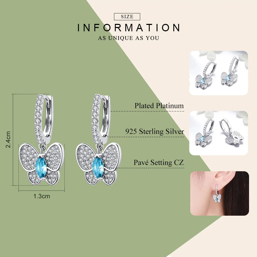 925 Sterling Silver Luminous Clear CZ Butterfly Crystal Drop Earrings