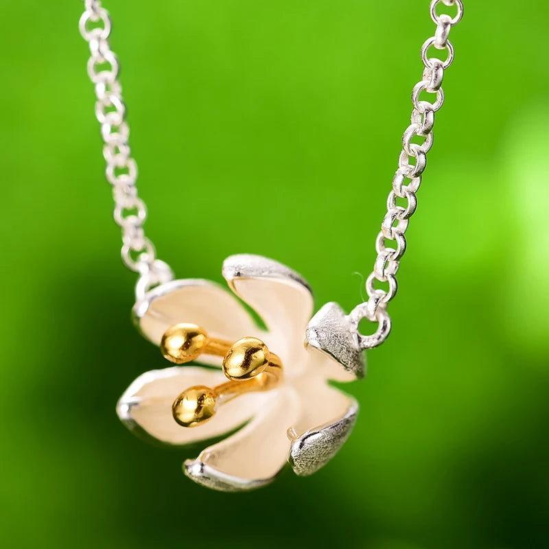 Handmade Gold Plated Silver Sakura Flower Necklace | Elegant Floral Pendant in Gold & Silver Designer Original Fine Jewelry