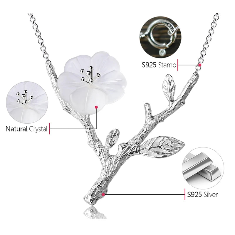 Women's Crystal Flower Pendant Necklace 295 with an elegant silver branch design, featuring a delicate translucent flower inspired by nature jewelry.