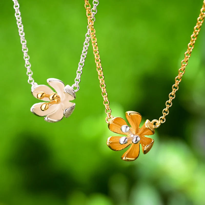 Handmade Gold Plated Silver Sakura Flower Necklace | Elegant Floral Pendant in Gold & Silver Designer Original Fine Jewelry