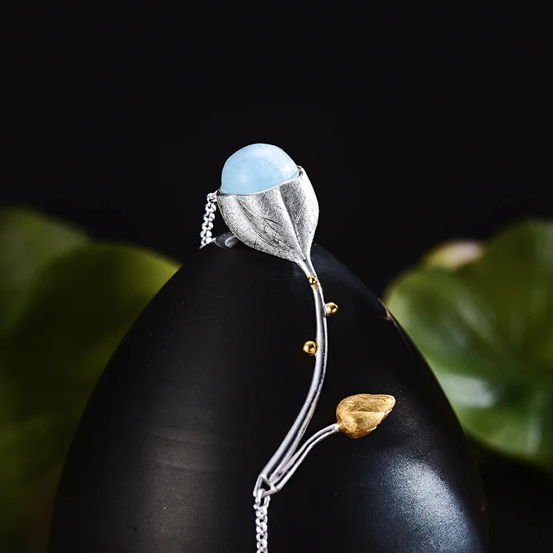 925 Sterling Silver Aquamarine Branch Jewelry Necklace | Natural Blue Gemstone Pendant