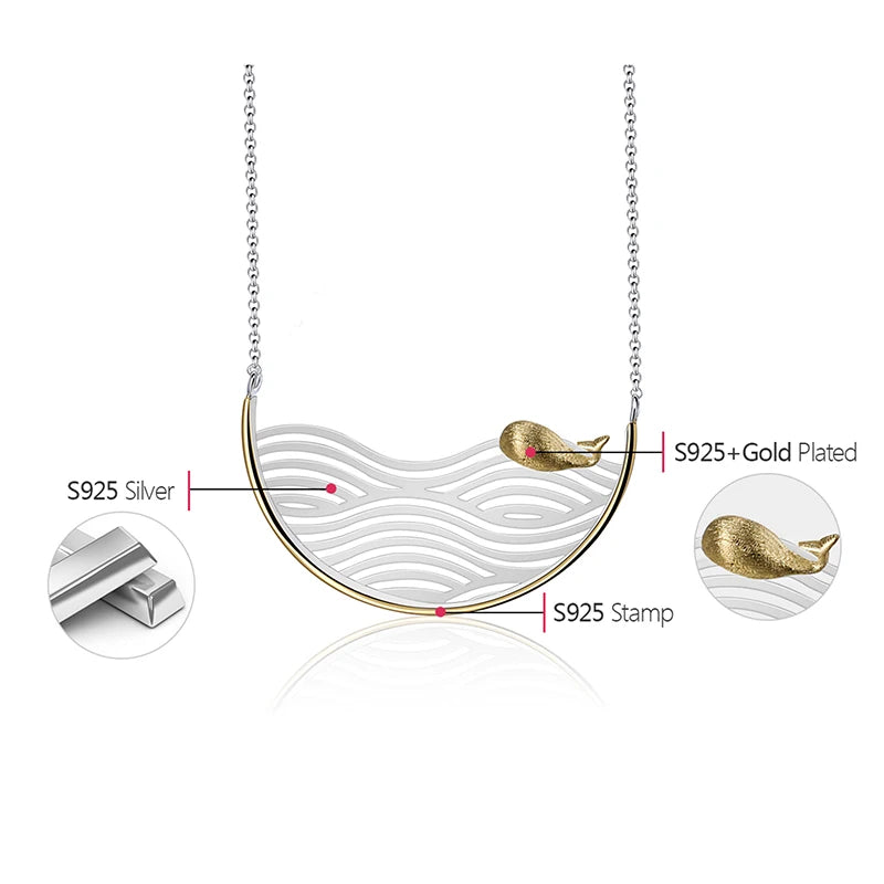 Jewelry handmade 925 sterling silver whale necklace with gold plating and ocean wave design