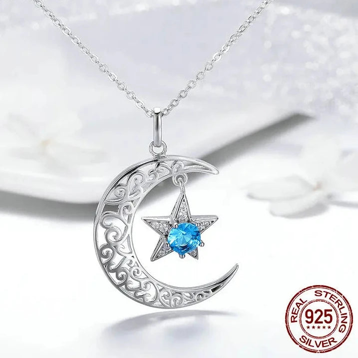 925 Sterling Silver Sparkling Moon And Star