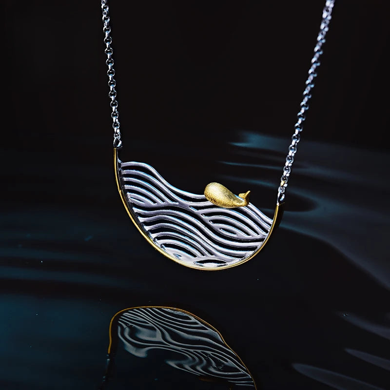 Jewelry handmade 925 sterling silver whale necklace with gold plating and ocean wave design