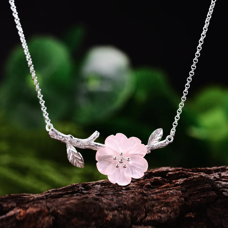 Silver Sakura Flower Branch Necklace | Adjustable 43+5 cm Chain | White &Pink jewelry