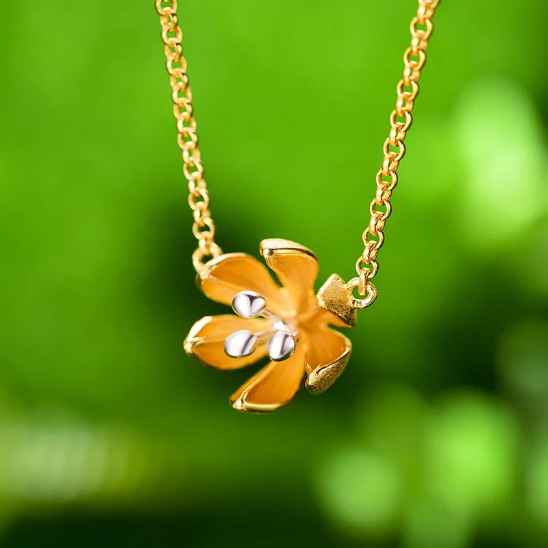 Handmade Gold Plated Silver Sakura Flower Necklace | Elegant Floral Pendant in Gold & Silver Designer Original Fine Jewelry