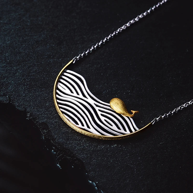 Jewelry handmade 925 sterling silver whale necklace with gold plating and ocean wave design