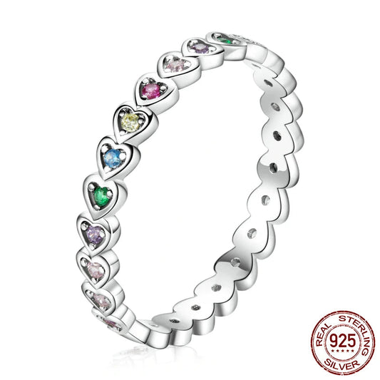 Silver Rainbow Ring Crystal Heart 925 Sterling Silver