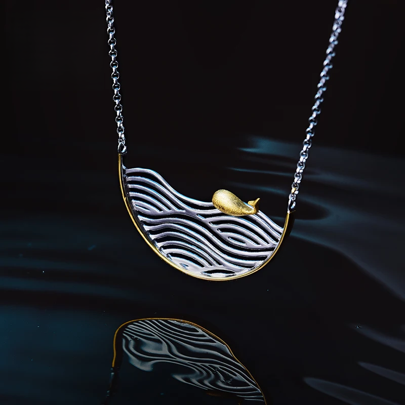 Jewelry handmade 925 sterling silver whale necklace with gold plating and ocean wave design
