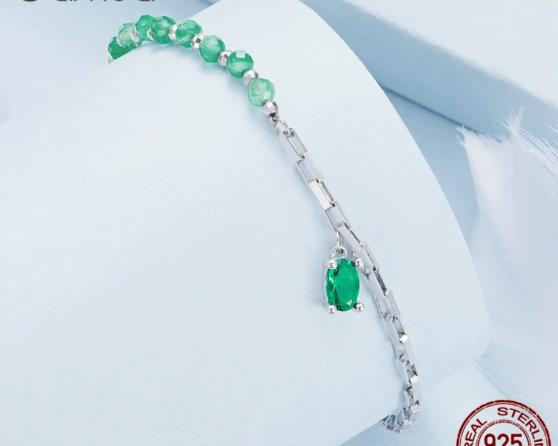 925 Sterling Silver Crystal Green Beads Bracelet