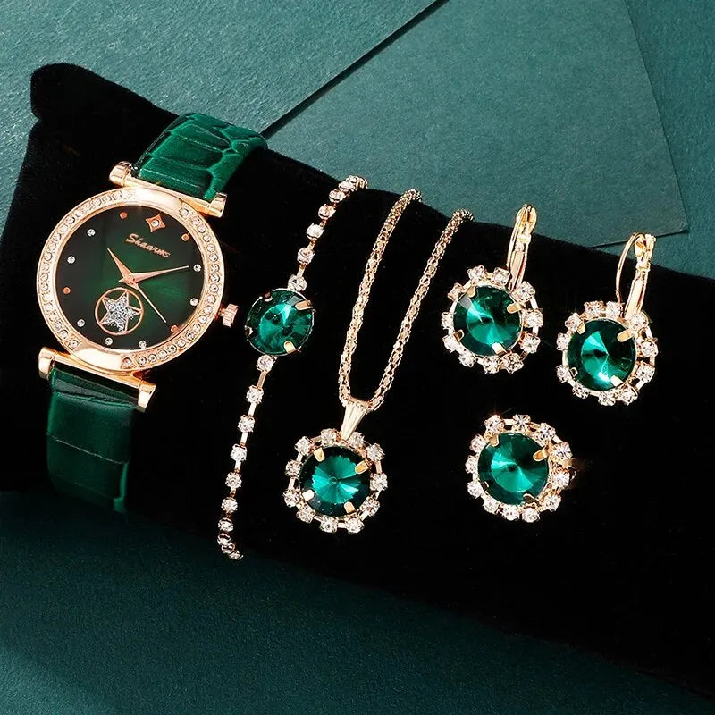 6PCS Set Green Luxury Quartz Watch Set