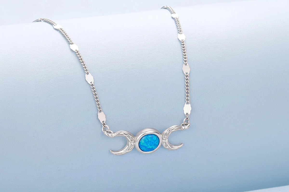 925 Sterling Silver Triple Moon Goddess Necklace with Blue Turquoise Stone and White Gold Plated Adjustable Chain