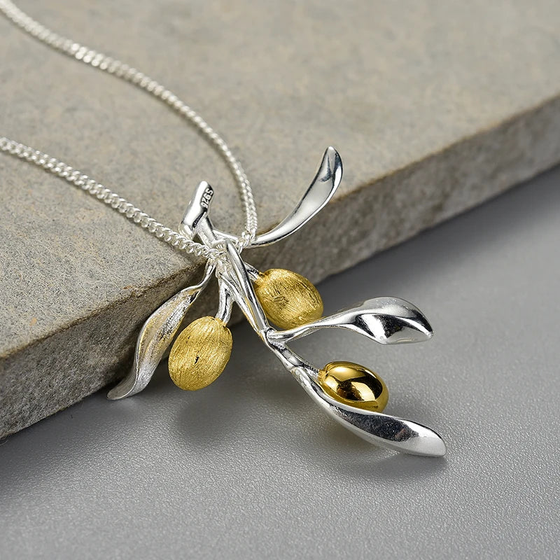Olive Branch Pendant, Gold Plated Jewelry Pendant, Nature Inspired Necklace Pendant, Two Tone Silver and Gold Jewelry Charm, Olive Tree Pendant