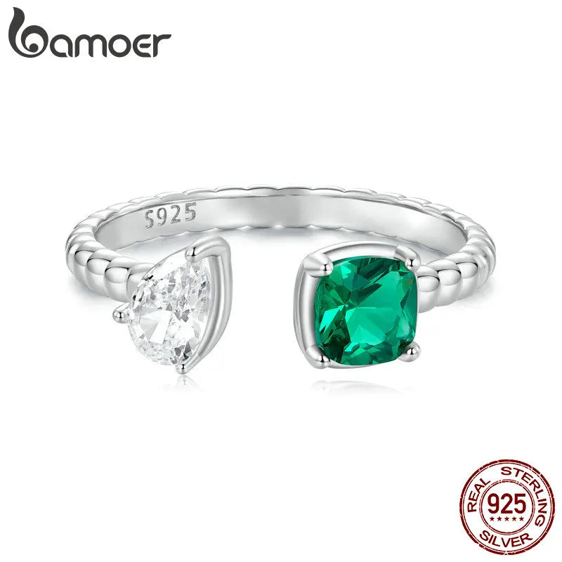 925 Sterling Silver Green Zircon Adjustable Open Ring