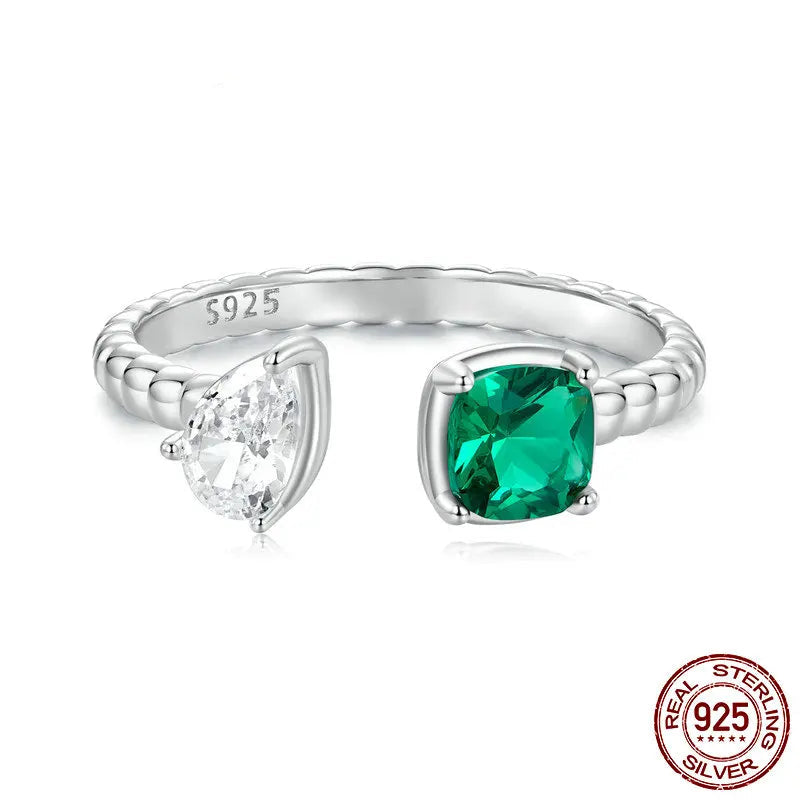 925 Sterling Silver Green Zircon Adjustable Open Ring