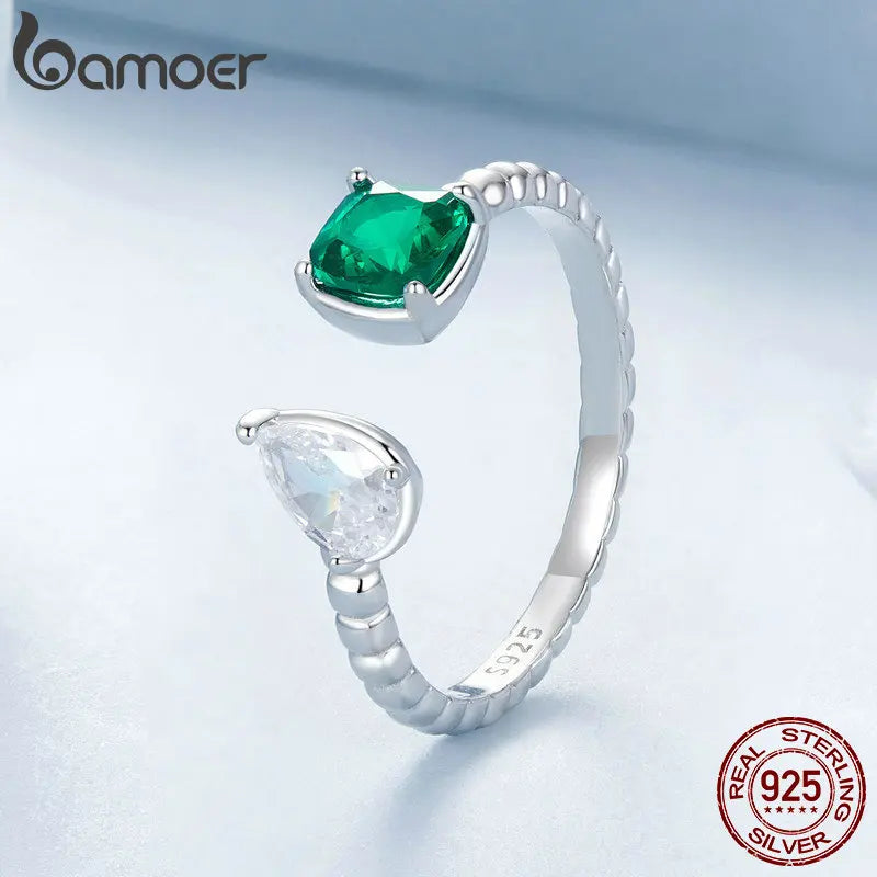 925 Sterling Silver Green Zircon Adjustable Open Ring