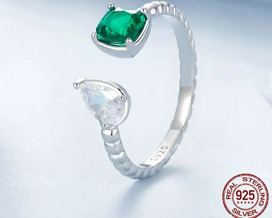 925 Sterling Silver Green Zircon Adjustable Open Ring