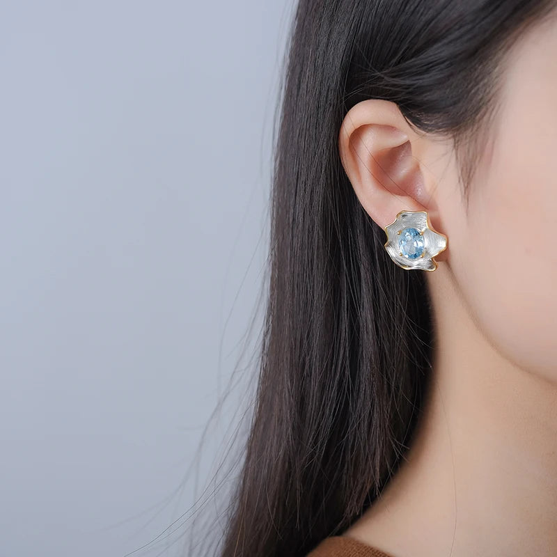 Natural Topaz Gemstone Curled Leaf Stud Earrings